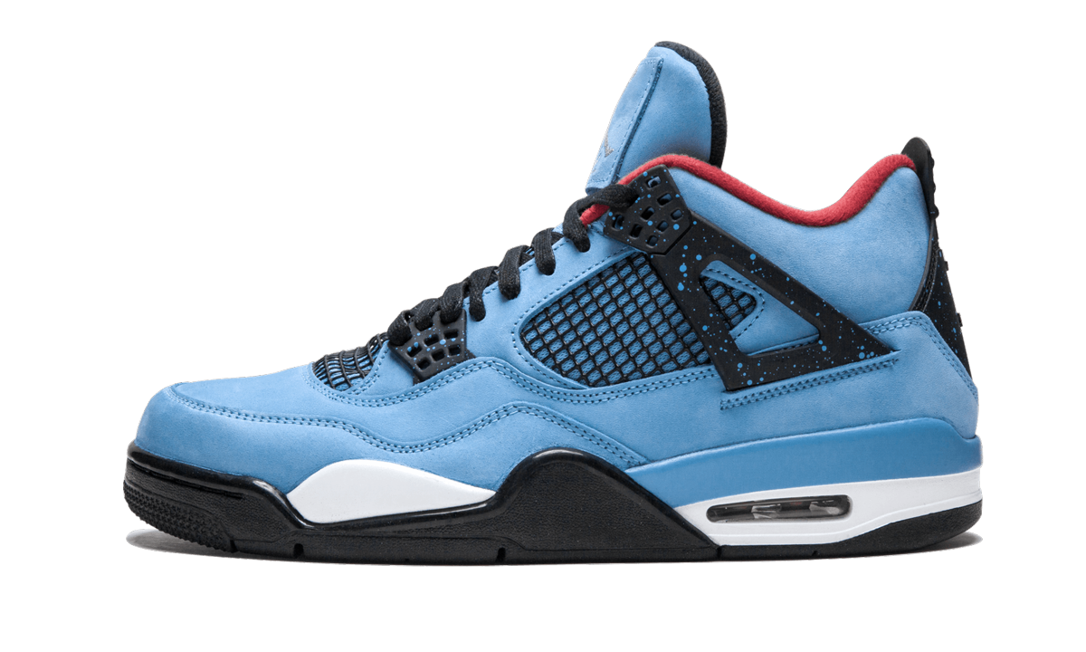 Lucht Jordan 4 Retro "Travis Scott - Cactus Jack" schoenen in zwart en rood met grafische details en witte zool.