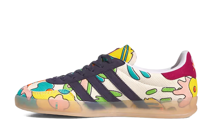 Adidas Gazelle Indoor schoenen in corduroy met Sean Wotherspoon ontwerp, zwart met gekleurde details en witte zool.