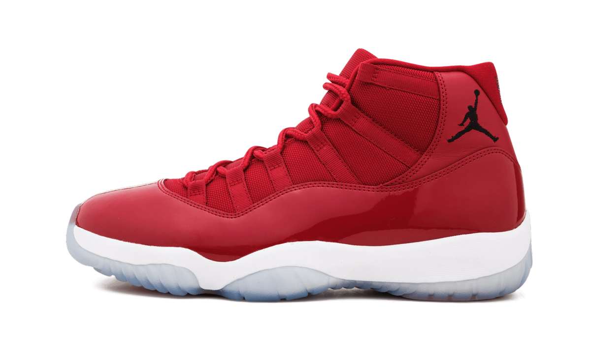 Elegante Air Jordan 11 Retro "Win Like 96" sportschoenen in zwart en wit met glanzende details en logo van Mijn winkel.