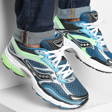 Saucony ProGrid Omni 9 sneakers in blauw en lime, CAPE EXCLUSIVES, met ademende mesh en ondersteunende zool.