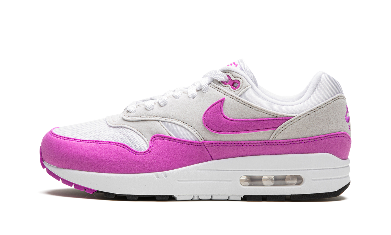 Nike Air Max 1 WMNS Fuchsia Dream schoenen met roze en paarse details en witte zool, dames sportschoenen.