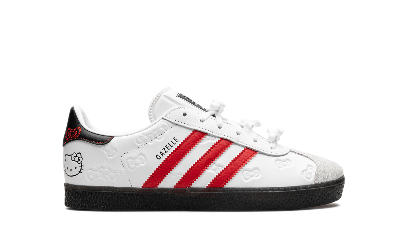 Adidas Gazelle GS schoenen met Hello Kitty ontwerp, blauwe en roze kleuren, comfortabele sneakers voor meisjes.