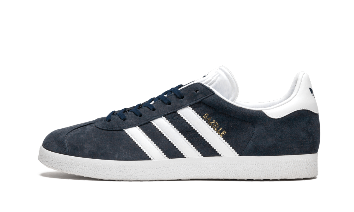Donkerblauwe Adidas Gazelle schoenen met witte zool en merklogo, geschikt voor casual draagstijl.
