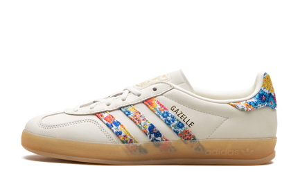 Dames Adidas Gazelle Indoor schoenen met Liberty London - Florals patroon, zwart en kleurrijk design, comfortabel en stijlvol.