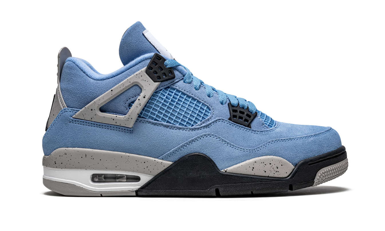 Witte en blauwe Air Jordan 4 Retro schoenen met blauwe accents en witte zool, Nike Air Jordan sneakers voor heren