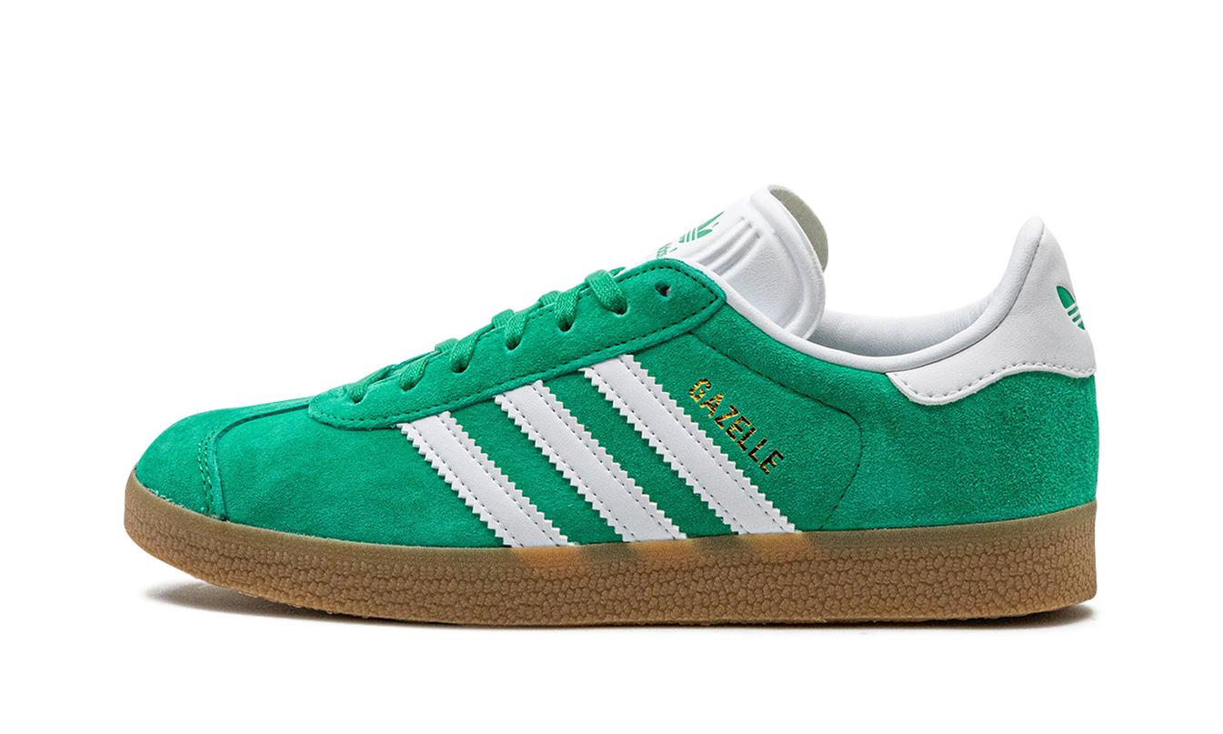 Groene Adidas Gazelle sneakers voor heren, stijlvolle schoenen met witte zool en groene details, geschikt voor casual draagstijl.
