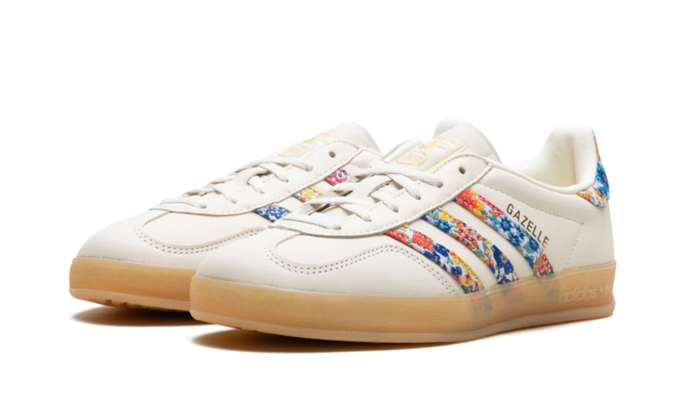 Dames Adidas Gazelle Indoor schoenen met Liberty London bloemenprint, zwart-witte sportschoenen voor binnengebruik