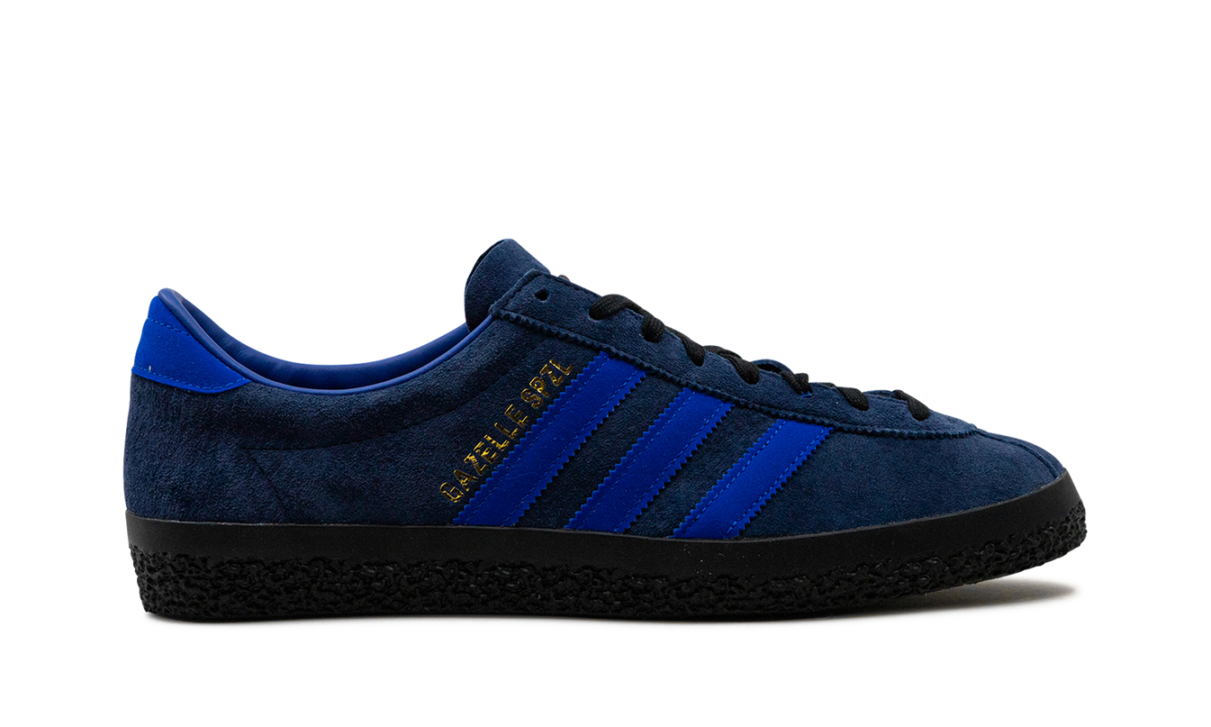 Donkerblauwe Adidas Gazelle SPZL schoenen met witte zool en leren bovenwerk, geschikt voor casual en streetwear.